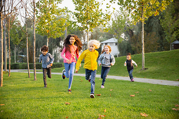 Image showing Interracial group of kids, girls and boys playing together at the park in summer day