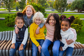 Image showing Interracial group of kids, girls and boys playing together at the park in summer day