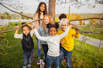 Image showing Interracial group of kids, girls and boys playing together at the park in summer day