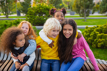 Image showing Interracial group of kids, girls and boys playing together at the park in summer day