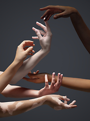 Image showing Hands of different people in touch isolated on grey studio background. Concept of human relation, community, togetherness, inclusion