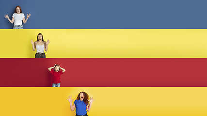 Image showing Young happy caucasian kids gesturing isolated on multicolored studio background. Human emotions, facial expression concept. Collage