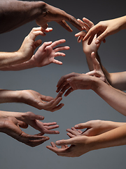 Image showing Hands of people\'s crowd in touch isolated on grey studio background. Concept of human relation, community, togetherness, symbolism