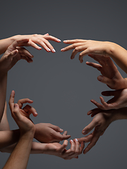 Image showing Hands of people\'s crowd in touch isolated on grey studio background. Concept of human relation, community, togetherness, symbolism