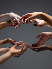 Image showing Hands of different people in touch isolated on grey studio background. Concept of human relation, community, togetherness, inclusion