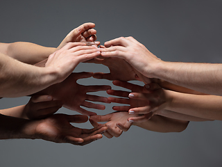 Image showing Hands of people\'s crowd in touch isolated on grey studio background. Concept of human relation, community, togetherness, symbolism