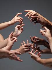 Image showing Hands of people\'s crowd in touch isolated on grey studio background. Concept of human relation, community, togetherness, symbolism