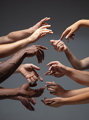 Image showing Hands of people\'s crowd in touch isolated on grey studio background. Concept of human relation, community, togetherness, symbolism