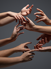 Image showing Hands of people\'s crowd in touch isolated on grey studio background. Concept of human relation, community, togetherness, symbolism