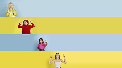 Image showing Young happy caucasian kids gesturing isolated on multicolored studio background. Human emotions, facial expression concept. Collage