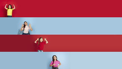 Image showing Young happy caucasian kids gesturing isolated on multicolored studio background. Human emotions, facial expression concept. Collage