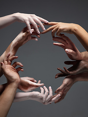 Image showing Hands of different people in touch isolated on grey studio background. Concept of human relation, community, togetherness, inclusion