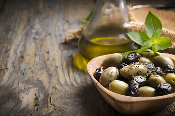 Image showing Olives and olive oil