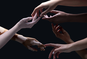 Image showing Hands of different people in touch isolated on black studio background. Concept of human relation, community, togetherness, inclusion