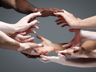 Image showing Hands of different people in touch isolated on grey studio background. Concept of human relation, community, togetherness, inclusion