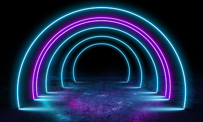 Image showing Neoned lines futuristic aesthetics. Glowing neon futuristic style on smoked dark background. Wallpaper, background.