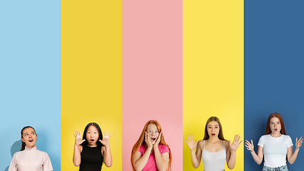 Image showing Young people look astonished, wondered on multicolored background. Human emotions, facial expression concept. Trendy colors. Creative collage.