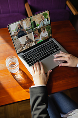 Image showing Remote working. Workplace in bar, restaurant office with PC, devices and gadgets.