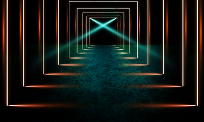 Image showing Neoned lines futuristic aesthetics. Glowing neon futuristic style on smoked dark background. Wallpaper, background.