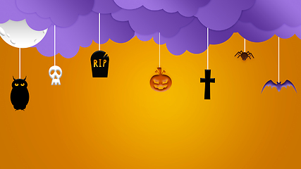 Image showing Cartoon styled skulls and purple clouds on orange background, the night of fear