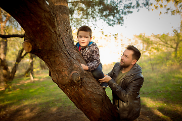 Image showing Father and son walking and having fun in autumn forest, look happy and sincere