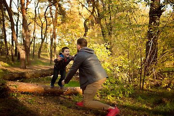 Image showing Father and son walking and having fun in autumn forest, look happy and sincere