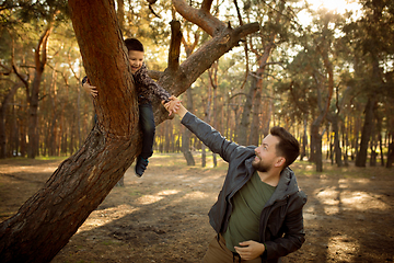 Image showing Father and son walking and having fun in autumn forest, look happy and sincere