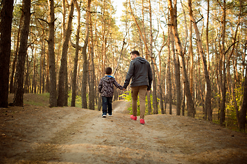 Image showing Father and son walking and having fun in autumn forest, look happy and sincere