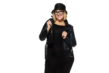 Image showing Beautiful young woman in black attire, stylish outfit isolated on white studio background