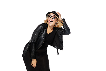 Image showing Beautiful young woman in black attire, stylish outfit isolated on white studio background