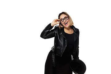 Image showing Beautiful young woman in black attire, stylish outfit isolated on white studio background