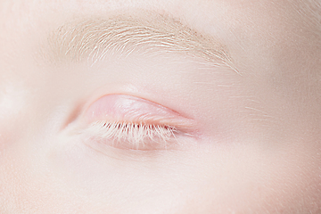 Image showing Close up portrait of beautiful albino woman isolated on studio background. Beauty, fashion, skincare, cosmetics concept. Details.