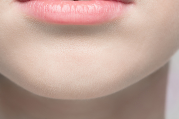 Image showing Close up portrait of beautiful albino woman isolated on studio background. Beauty, fashion, skincare, cosmetics concept. Details.