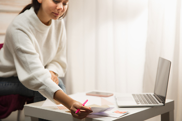 Image showing Woman writing letter, greeting card for New Year and Christmas 2021 for friends or family