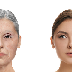 Image showing Comparison. Portrait of beautiful woman with problem and clean skin, aging and youth concept, beauty treatment and lifting.