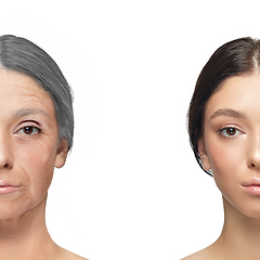 Image showing Comparison. Portrait of beautiful woman with problem and clean skin, aging and youth concept, beauty treatment and lifting.