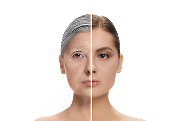 Image showing Comparison. Portrait of beautiful woman with problem and clean skin, aging and youth concept, beauty treatment and lifting.