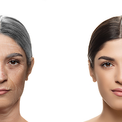 Image showing Comparison. Portrait of beautiful woman with problem and clean skin, aging and youth concept, beauty treatment and lifting.