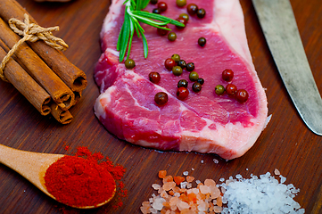 Image showing raw uncooked  ribeye beef steak butcher selection