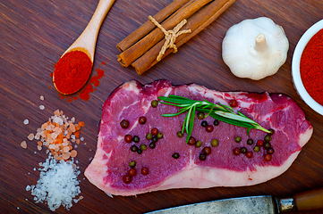 Image showing raw uncooked  ribeye beef steak butcher selection