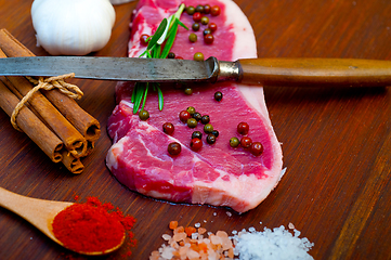 Image showing raw uncooked  ribeye beef steak butcher selection