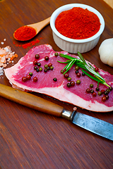 Image showing raw uncooked  ribeye beef steak butcher selection