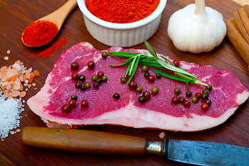 Image showing raw uncooked  ribeye beef steak butcher selection