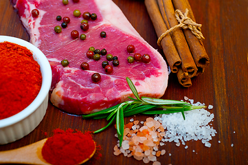 Image showing raw uncooked  ribeye beef steak butcher selection