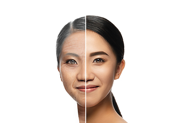 Image showing Comparison. Portrait of beautiful woman with problem and clean skin, aging and youth concept, beauty treatment and lifting.