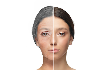 Image showing Comparison. Portrait of beautiful woman with problem and clean skin, aging and youth concept, beauty treatment and lifting.