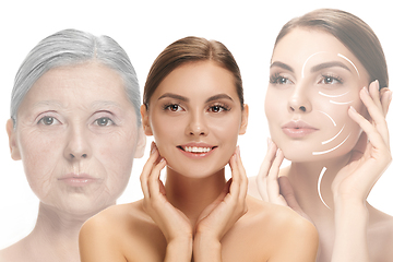 Image showing Comparison. Portrait of beautiful woman with problem and clean skin, aging and youth concept, beauty treatment and lifting.