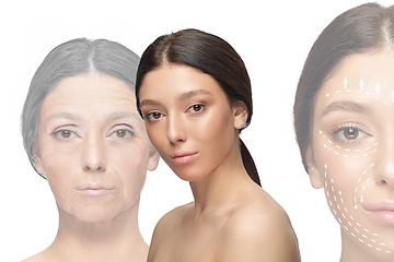 Image showing Comparison. Portrait of beautiful woman with problem and clean skin, aging and youth concept, beauty treatment and lifting.