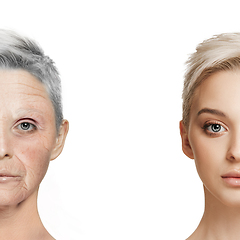 Image showing Comparison. Portrait of beautiful woman with problem and clean skin, aging and youth concept, beauty treatment and lifting.