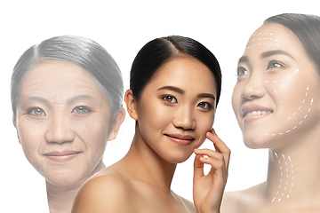 Image showing Comparison. Portrait of beautiful woman with problem and clean skin, aging and youth concept, beauty treatment and lifting.